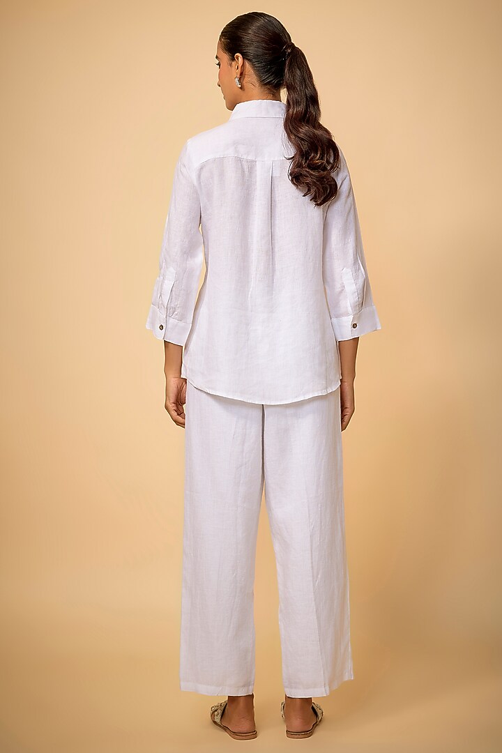 White Pure Linen Embroidered Shirt by Linen Bloom at Pernia's Pop Up Shop