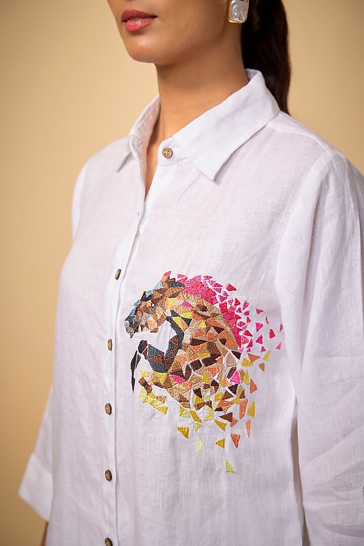 White Pure Linen Embroidered Shirt by Linen Bloom at Pernia's Pop Up Shop