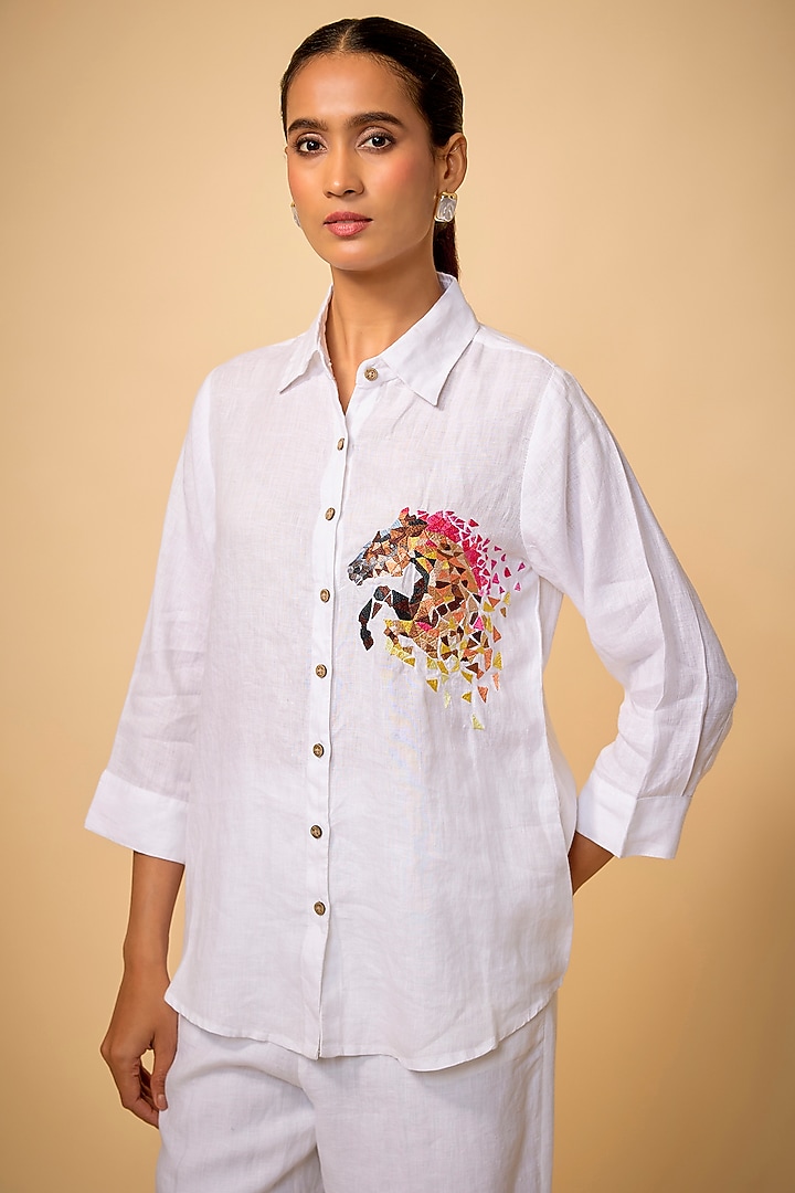 White Pure Linen Embroidered Shirt by Linen Bloom at Pernia's Pop Up Shop