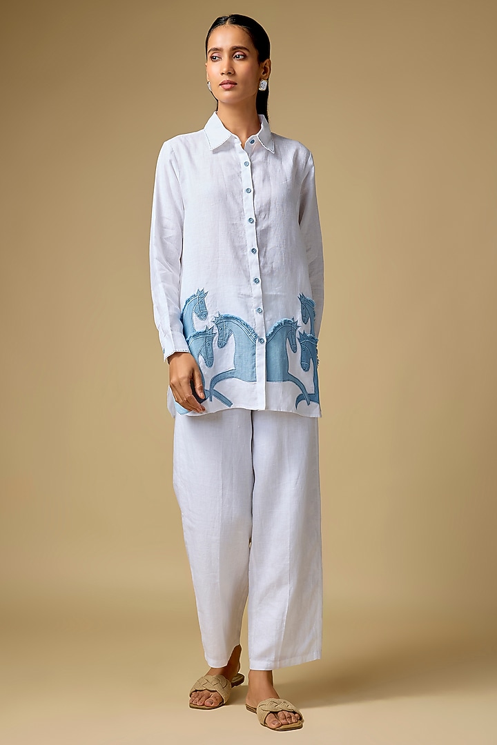White Pure Linen Embroidered Shirt by Linen Bloom at Pernia's Pop Up Shop