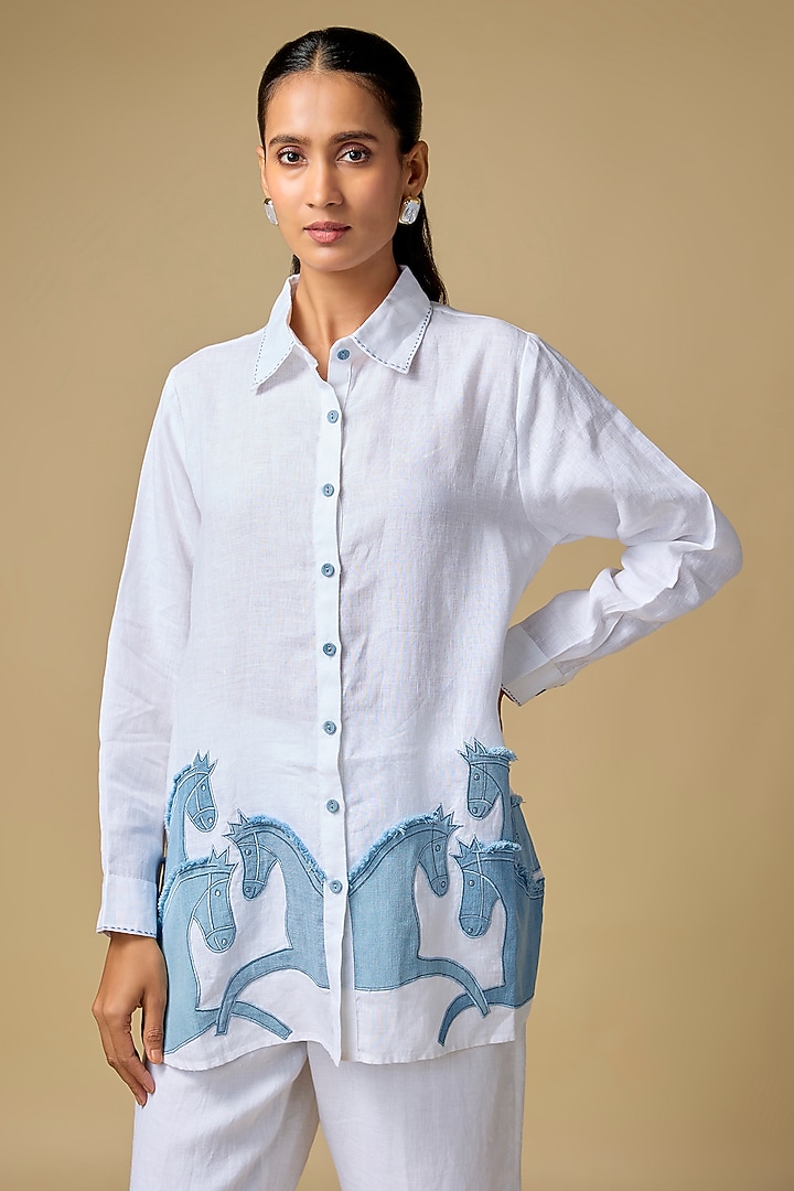 White Pure Linen Embroidered Shirt by Linen Bloom at Pernia's Pop Up Shop