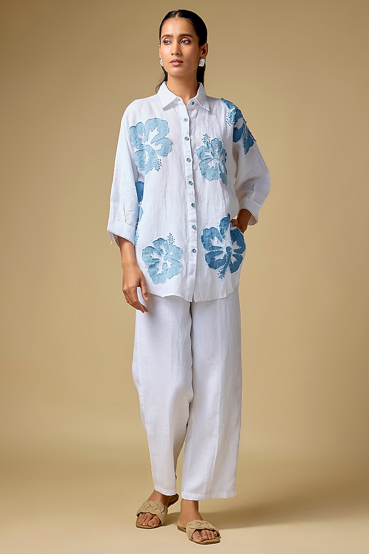 White Pure Linen Embroidered Shirt by Linen Bloom at Pernia's Pop Up Shop