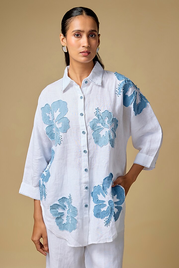 White Pure Linen Embroidered Shirt by Linen Bloom at Pernia's Pop Up Shop
