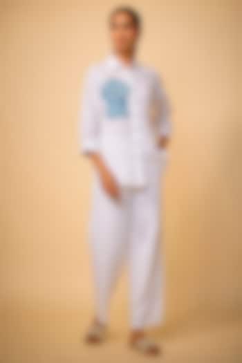 White Pure Linen Applique Work Shirt by Linen Bloom at Pernia's Pop Up Shop