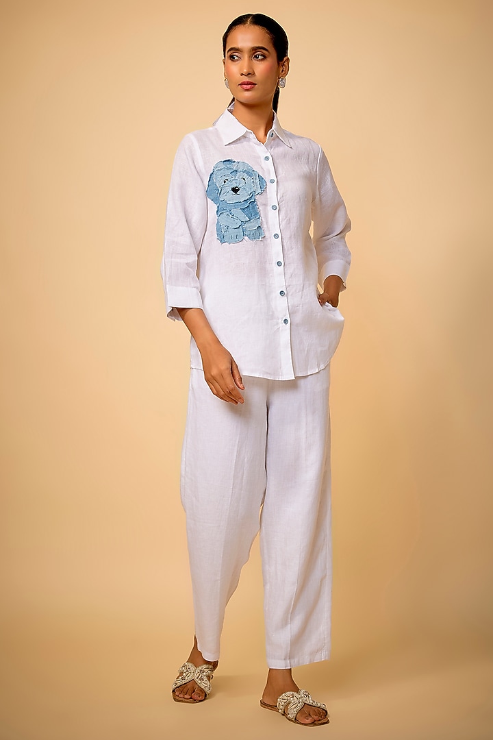 White Pure Linen Applique Work Shirt by Linen Bloom at Pernia's Pop Up Shop