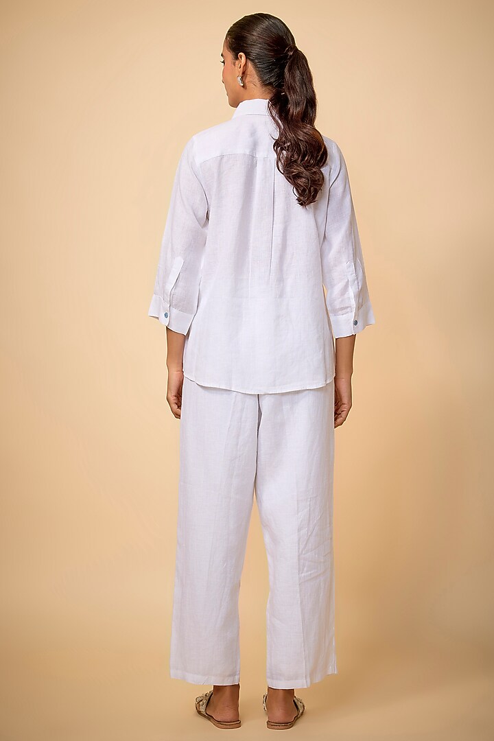 White Pure Linen Applique Work Shirt by Linen Bloom at Pernia's Pop Up Shop