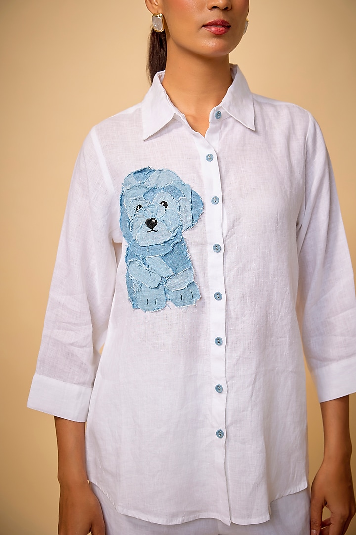 White Pure Linen Applique Work Shirt by Linen Bloom at Pernia's Pop Up Shop
