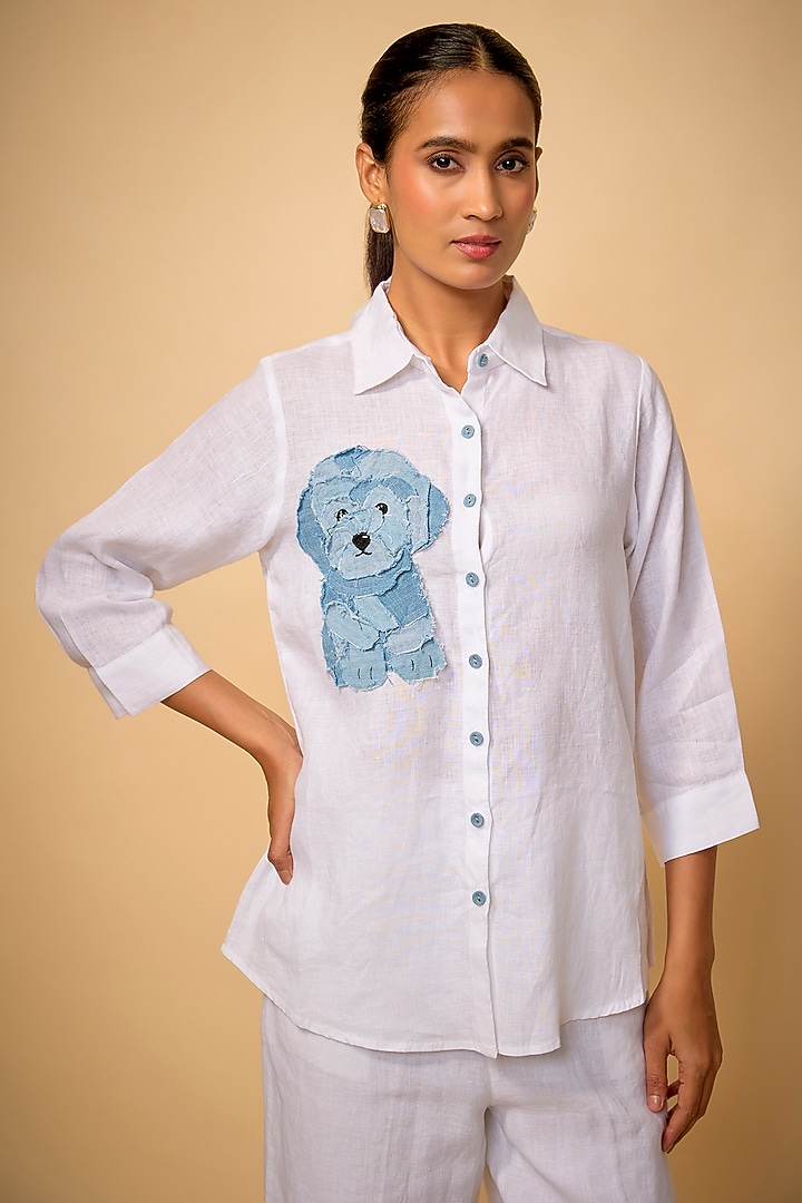 White Pure Linen Applique Work Shirt by Linen Bloom at Pernia's Pop Up Shop
