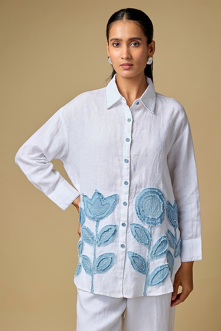 White Pure Linen Embroidered Shirt by Linen Bloom at Pernia's Pop Up Shop