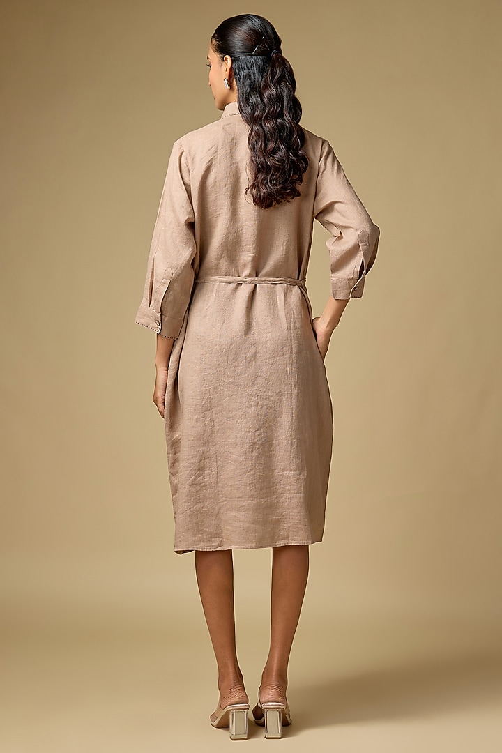 Khaki Pure Linen Floral Embroidered Vacation Dress by Linen Bloom at Pernia's Pop Up Shop