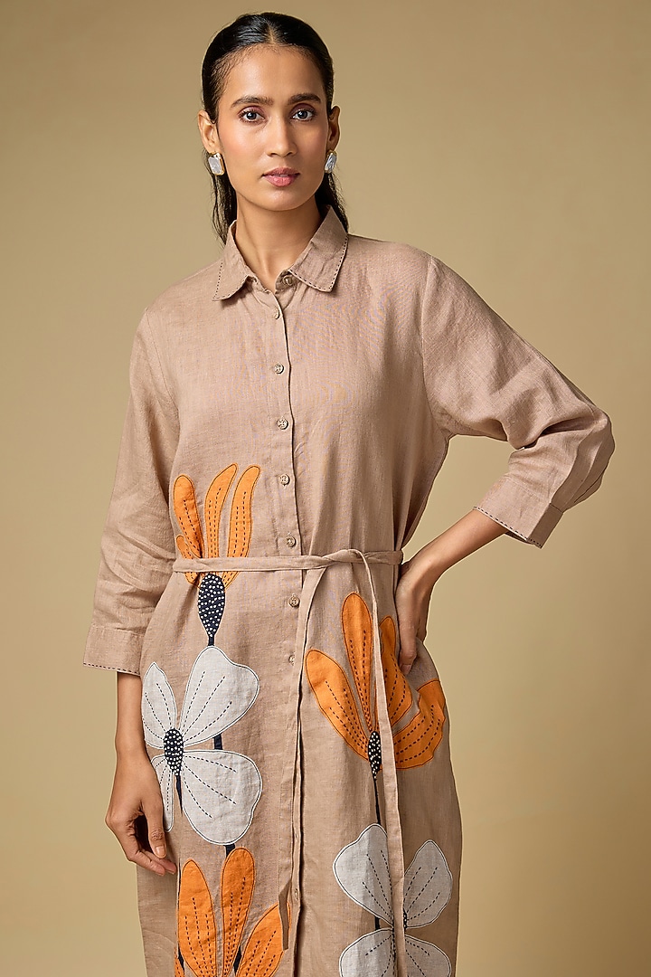 Khaki Pure Linen Floral Embroidered Vacation Dress by Linen Bloom at Pernia's Pop Up Shop