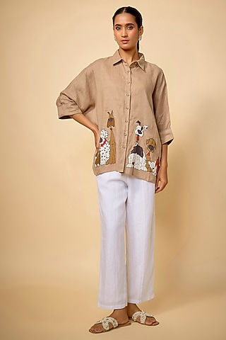 Khaki Pure Linen Shirt by Linen Bloom