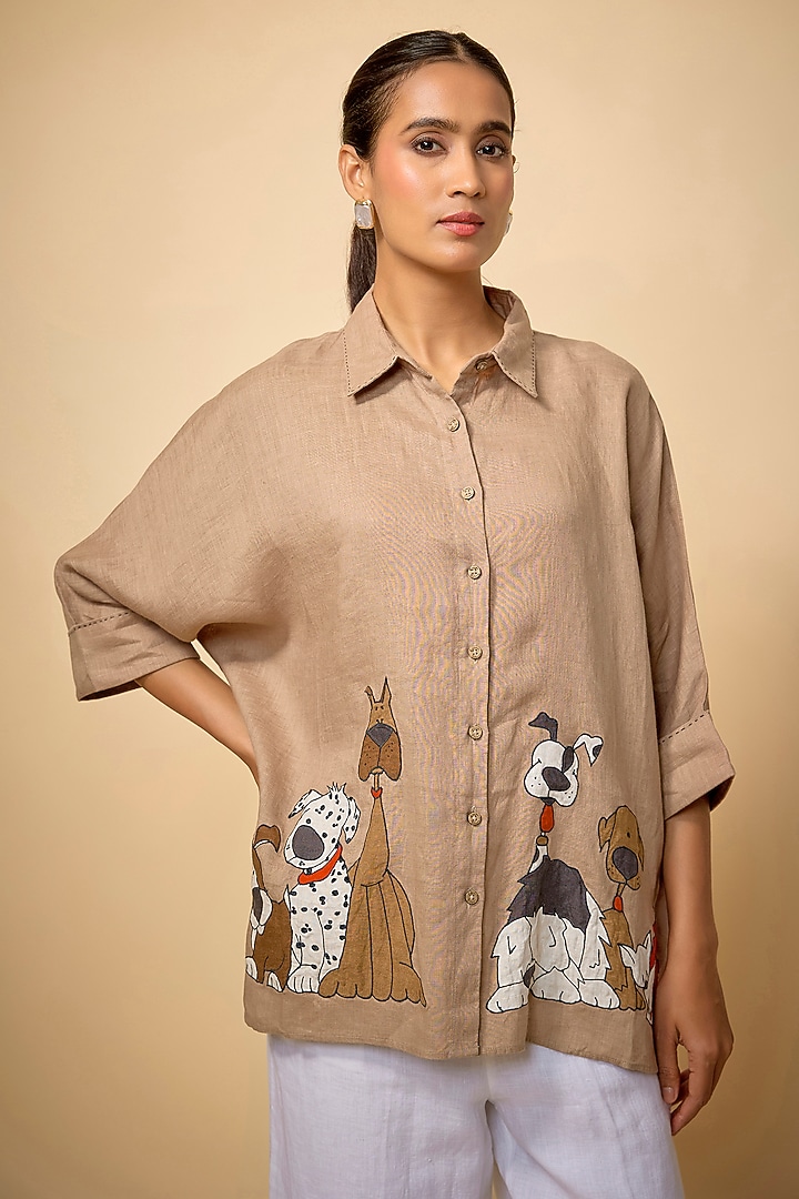 Khaki Pure Linen Shirt by Linen Bloom at Pernia's Pop Up Shop