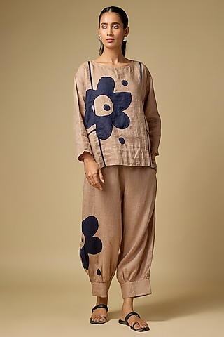 Khaki Pure Linen Embroidered Co-Ord Set by Linen Bloom