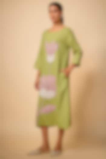 Pista Green Pure Linen Floral Embroidered Vacation Dress by Linen Bloom at Pernia's Pop Up Shop