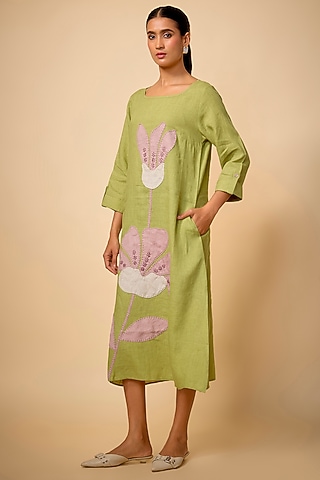 Pista Green Pure Linen Floral Embroidered Dress by Linen Bloom