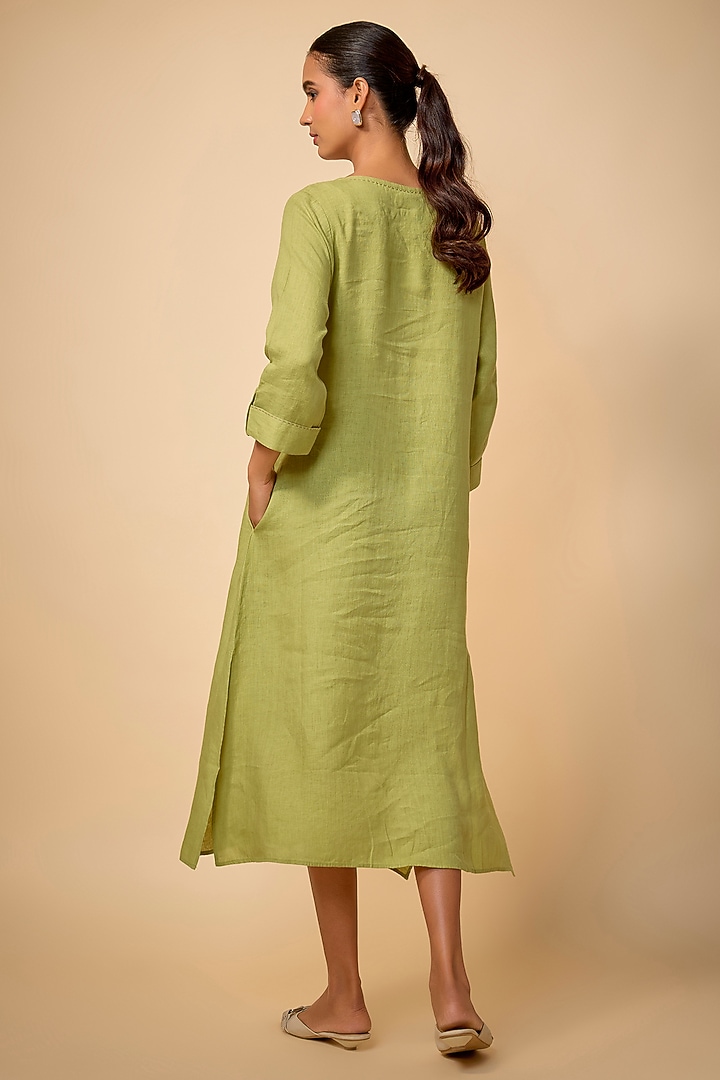 Pista Green Pure Linen Floral Embroidered Vacation Dress by Linen Bloom at Pernia's Pop Up Shop
