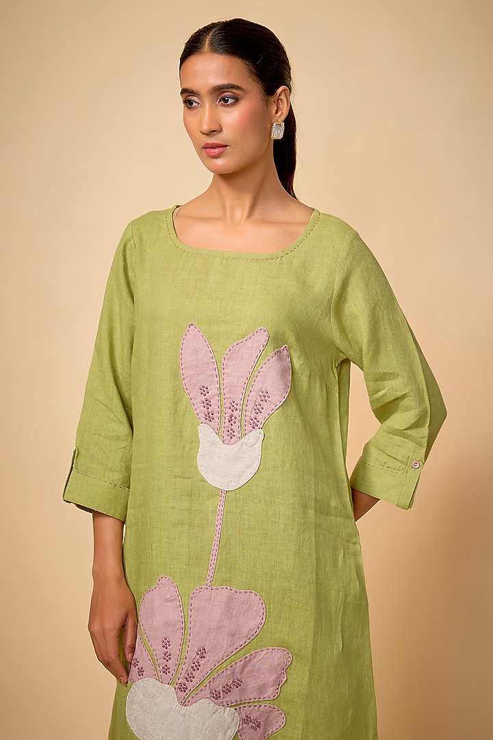 Pista Green Pure Linen Floral Embroidered Vacation Dress by Linen Bloom at Pernia's Pop Up Shop