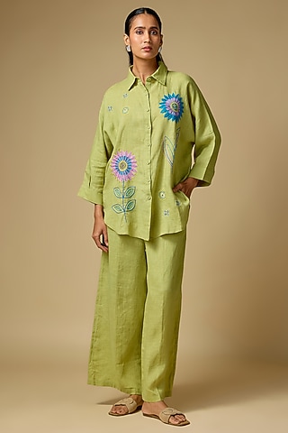 Pista Pure Linen Floral Co-Ord Set by Linen Bloom