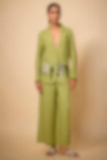 Pista Green Pure Linen Embroidered Blazer by Linen Bloom at Pernia's Pop Up Shop