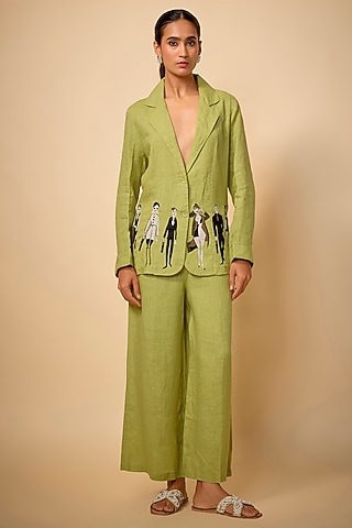 Pista Green Pure Linen Embroidered Blazer by Linen Bloom