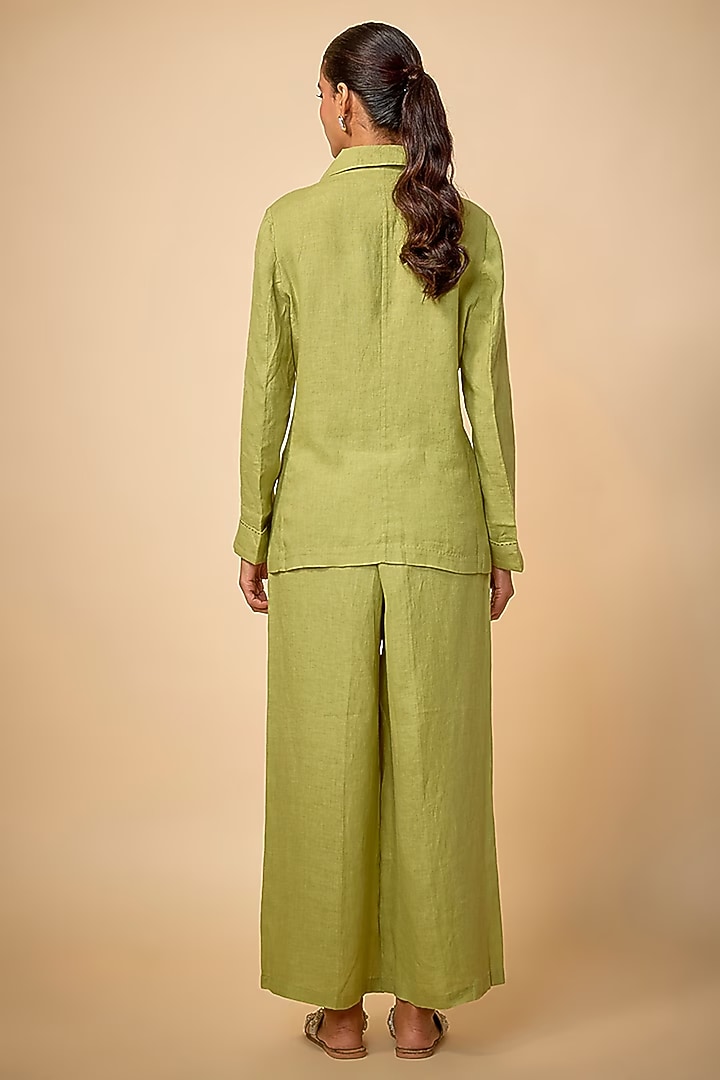 Pista Green Pure Linen Embroidered Blazer by Linen Bloom at Pernia's Pop Up Shop