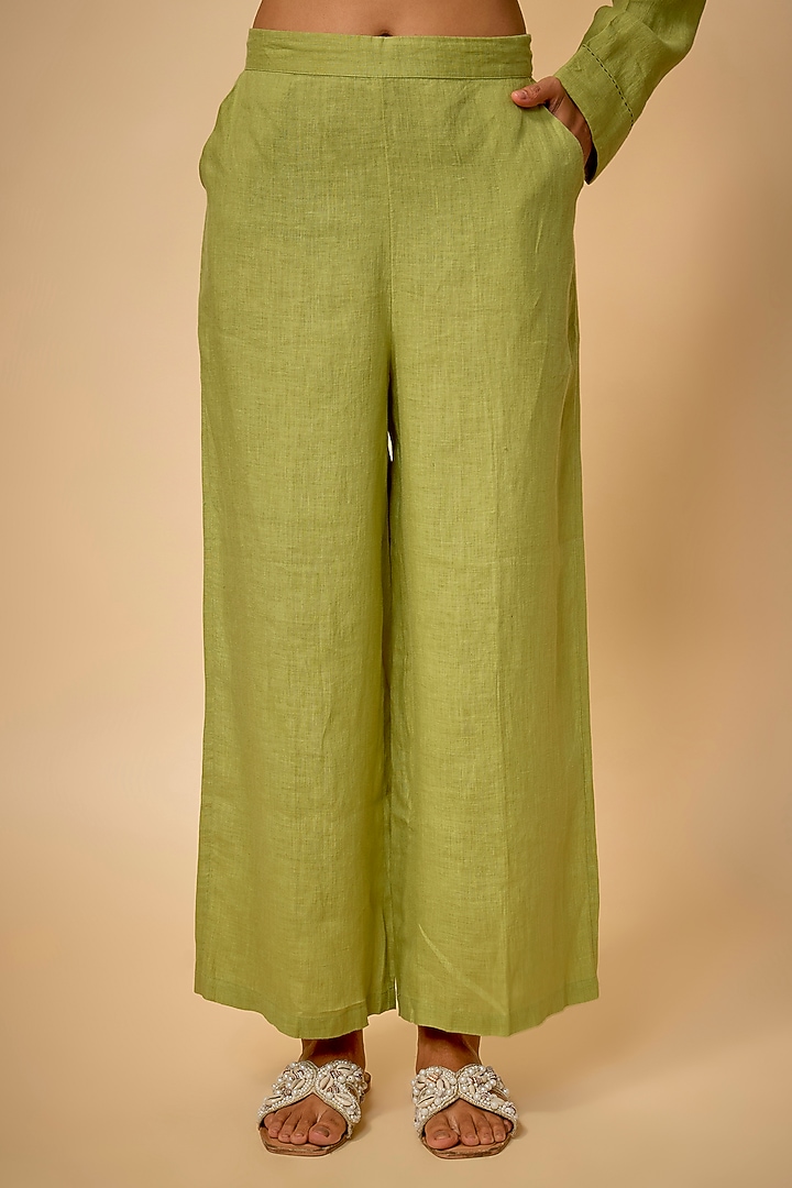 Pista Green Pure Linen Embroidered Blazer by Linen Bloom at Pernia's Pop Up Shop