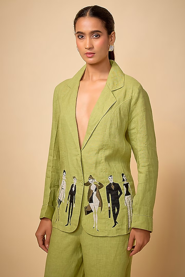 Pista Green Pure Linen Embroidered Blazer by Linen Bloom at Pernia's Pop Up Shop