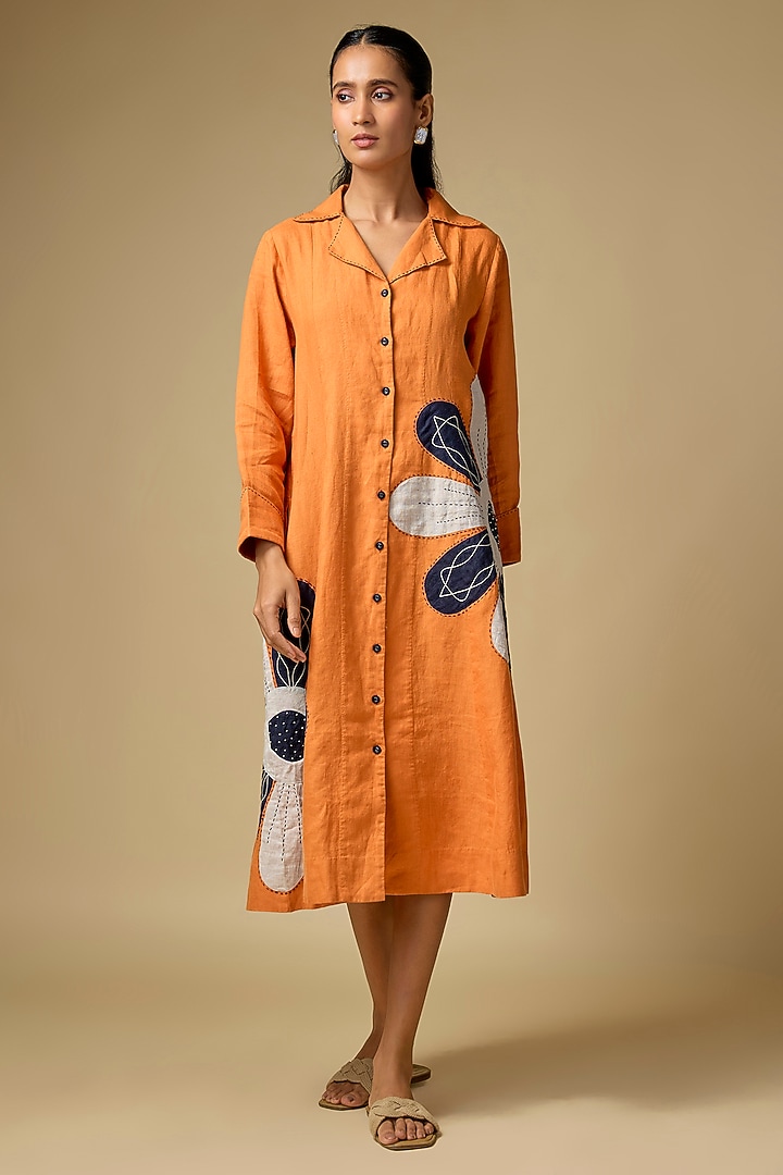 Orange Pure Linen Floral Embroidered Vacation Dress by Linen Bloom at Pernia's Pop Up Shop