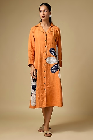 Orange Pure Linen Floral Embroidered Dress by Linen Bloom