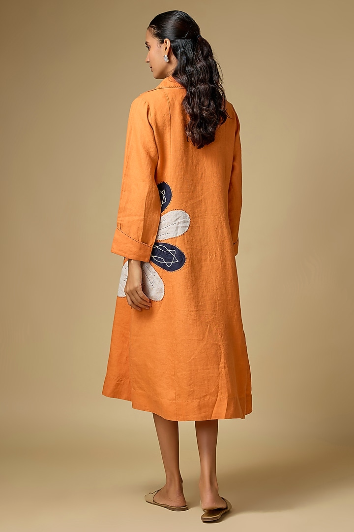 Orange Pure Linen Floral Embroidered Vacation Dress by Linen Bloom at Pernia's Pop Up Shop