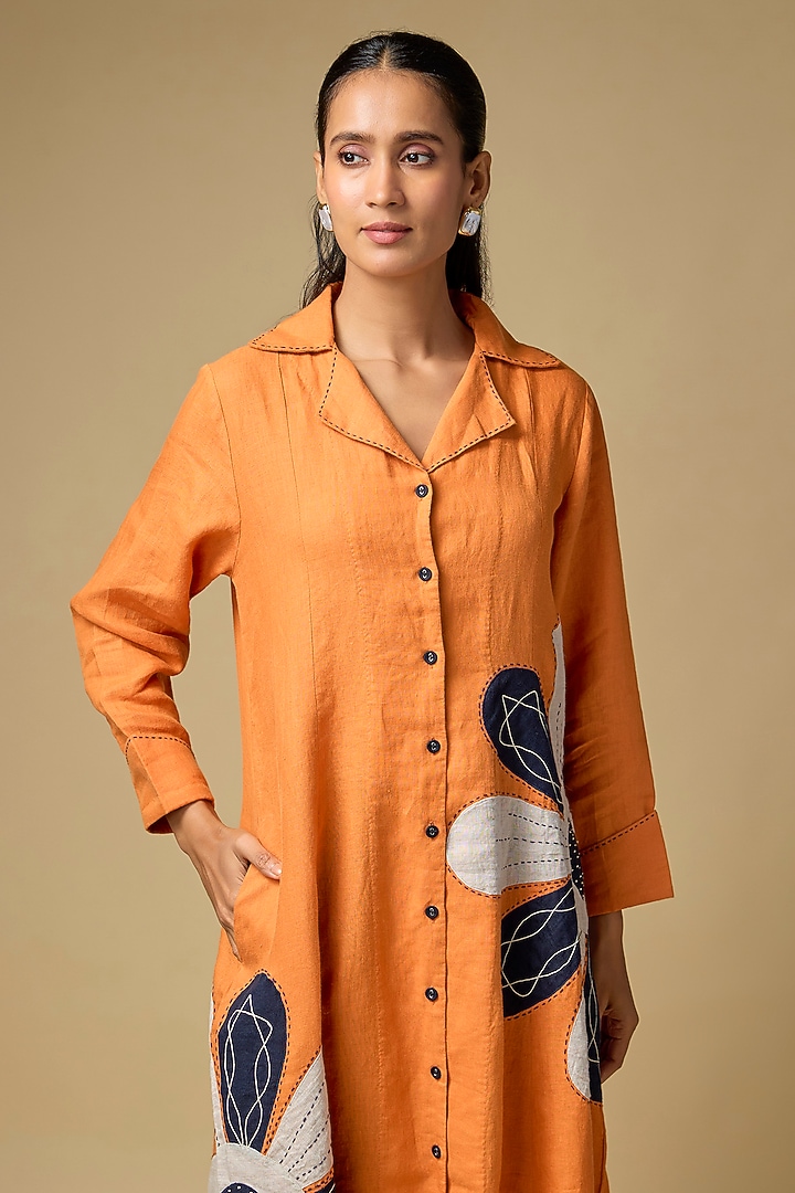 Orange Pure Linen Floral Embroidered Vacation Dress by Linen Bloom at Pernia's Pop Up Shop