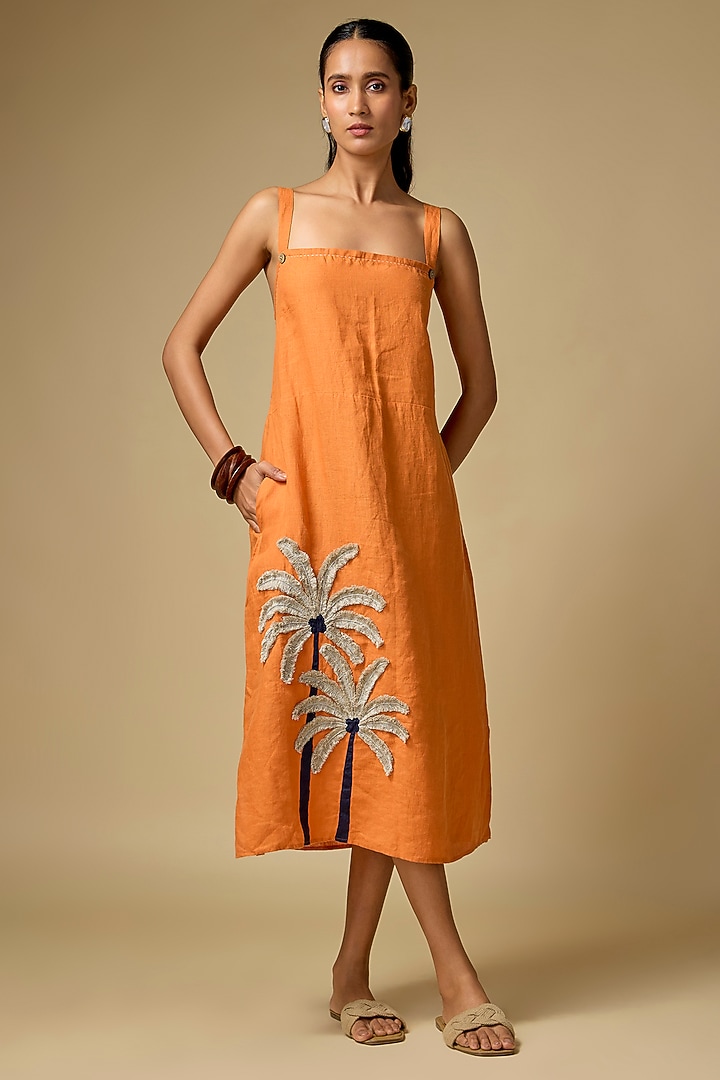 Orange Pure Linen Floral Sleeveless Vacation Dress by Linen Bloom at Pernia's Pop Up Shop