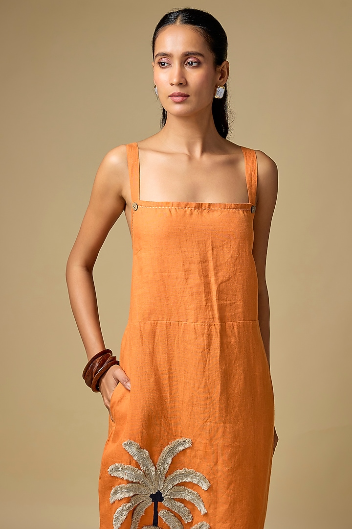 Orange Pure Linen Floral Sleeveless Vacation Dress by Linen Bloom at Pernia's Pop Up Shop