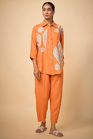 Orange Pure Linen Shirt by Linen Bloom