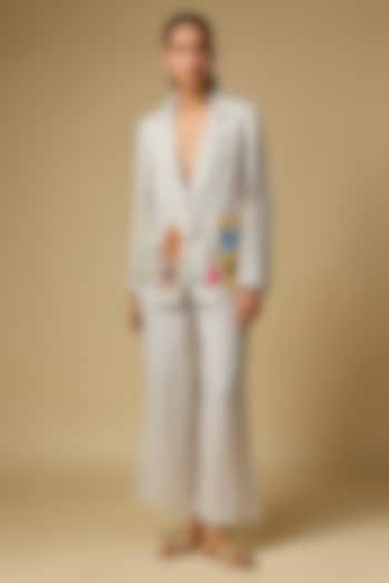 Beige Pure Linen Embroidered Blazer by Linen Bloom at Pernia's Pop Up Shop