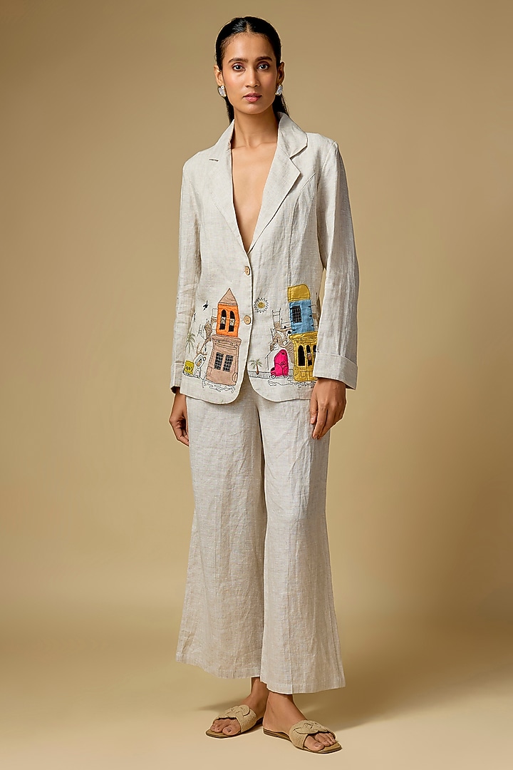 Beige Pure Linen Embroidered Blazer by Linen Bloom at Pernia's Pop Up Shop