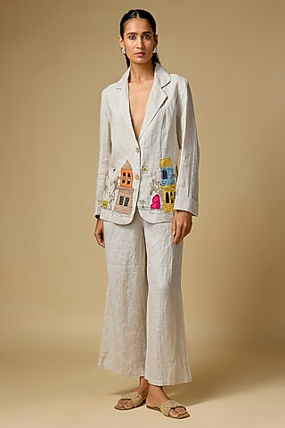 Beige Pure Linen Embroidered Blazer by Linen Bloom