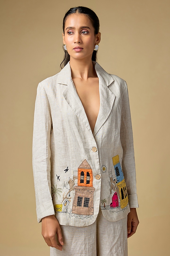 Beige Pure Linen Embroidered Blazer by Linen Bloom at Pernia's Pop Up Shop