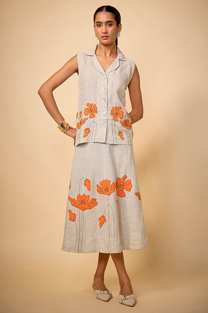Beige Pure Linen Flared Skirt Set by Linen Bloom at Pernia's Pop Up Shop