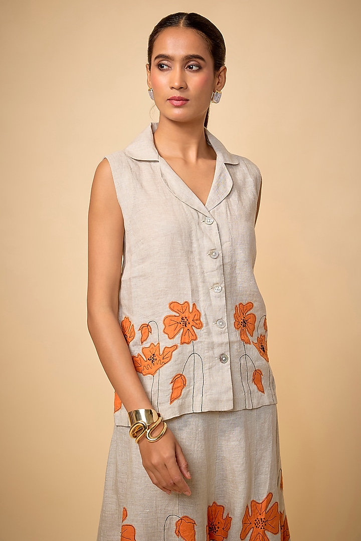 Beige Pure Linen Flared Skirt Set by Linen Bloom at Pernia's Pop Up Shop