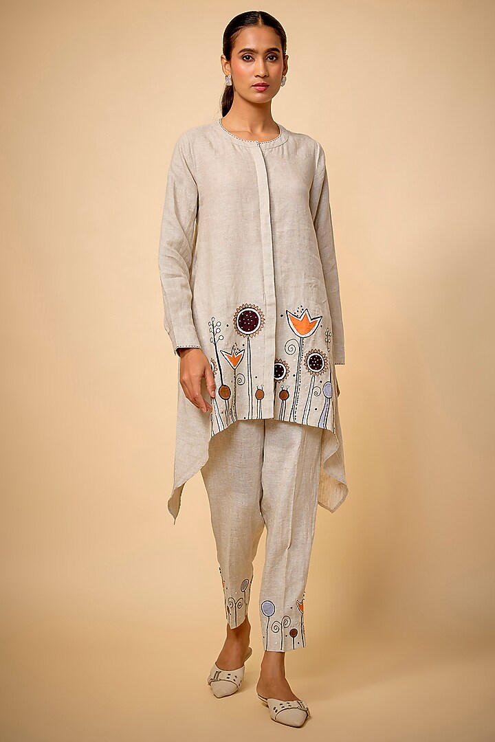 Beige Pure Linen Floral Embroidered Co-Ord et by Linen Bloom at Pernia's Pop Up Shop