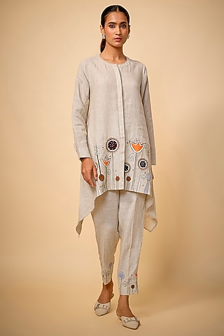 Beige Pure Linen Floral Embroidered Co-Ord et by Linen Bloom