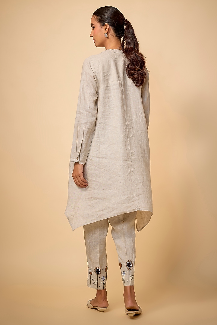 Beige Pure Linen Floral Embroidered Co-Ord et by Linen Bloom at Pernia's Pop Up Shop