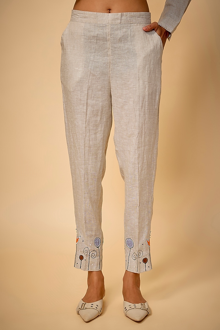 Beige Pure Linen Floral Embroidered Co-Ord et by Linen Bloom at Pernia's Pop Up Shop