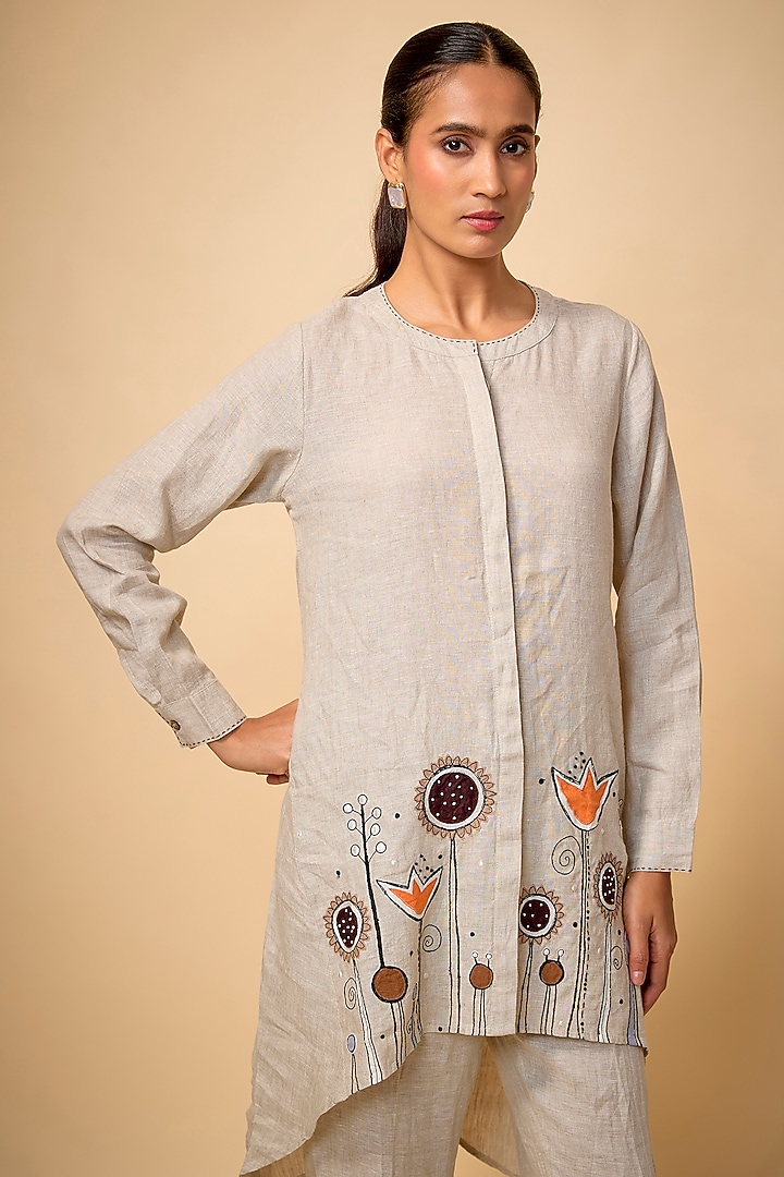Beige Pure Linen Floral Embroidered Co-Ord et by Linen Bloom at Pernia's Pop Up Shop