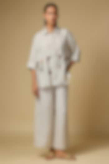 Beige Pure Linen Embroidered Shirt by Linen Bloom at Pernia's Pop Up Shop