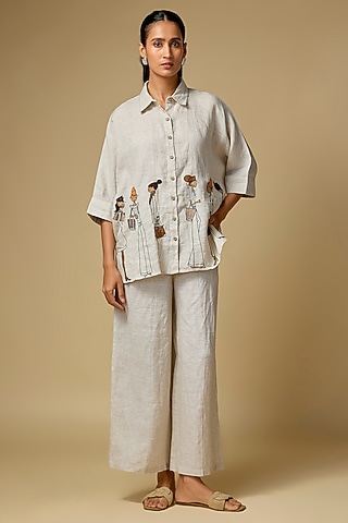 Beige Pure Linen Embroidered Shirt by Linen Bloom