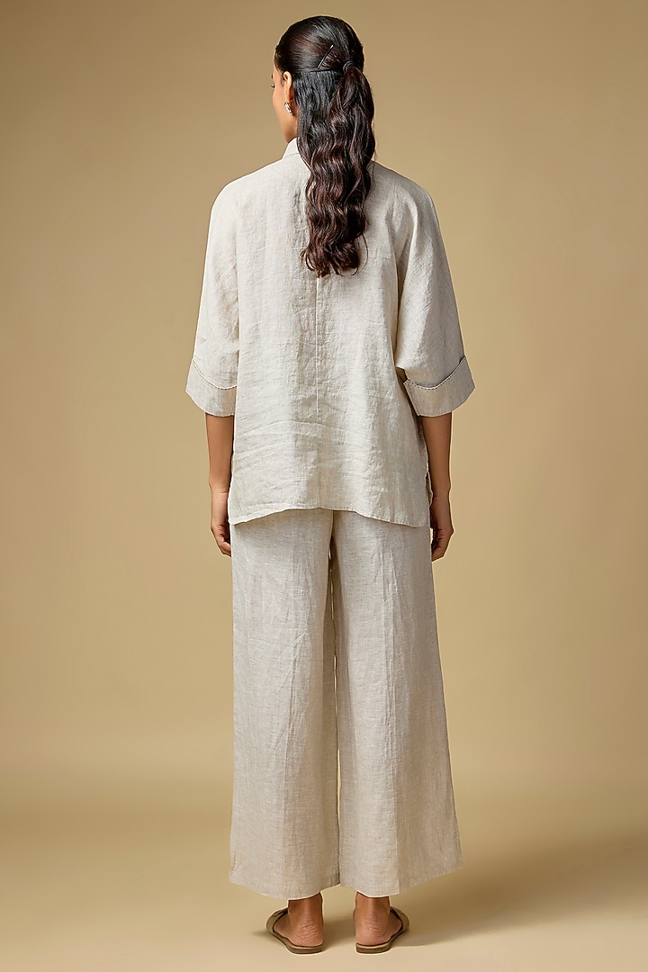Beige Pure Linen Embroidered Shirt by Linen Bloom at Pernia's Pop Up Shop