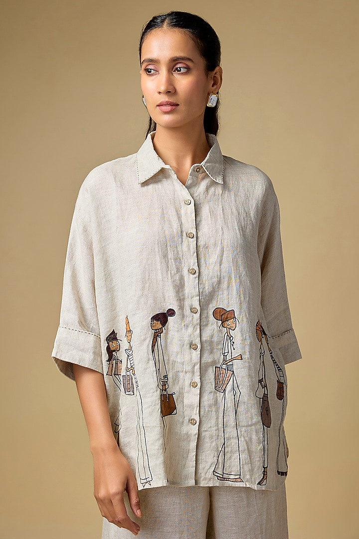 Beige Pure Linen Embroidered Shirt by Linen Bloom at Pernia's Pop Up Shop